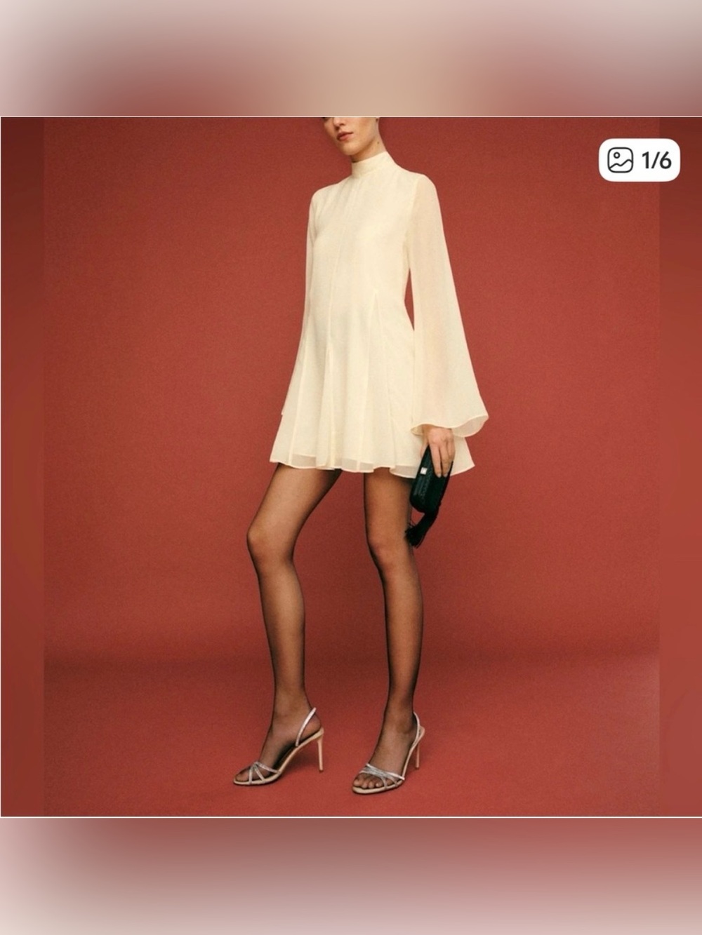 Reformation Cream High-Neck Long-Sleeve Mini Dress